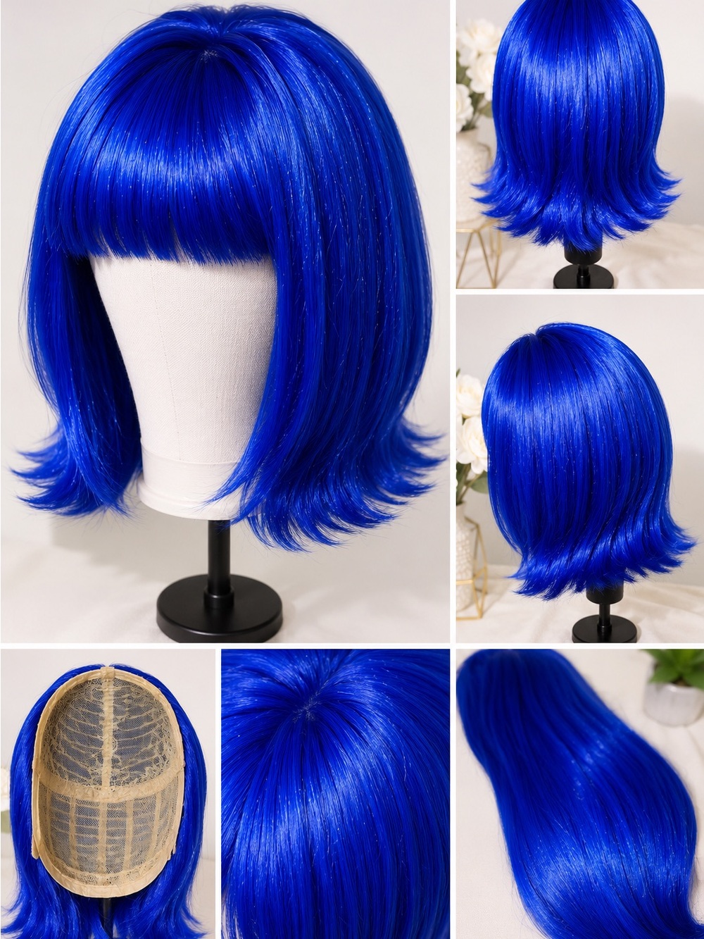 Vibrant Blue Short Bob Wig with Bangs - Women Hair